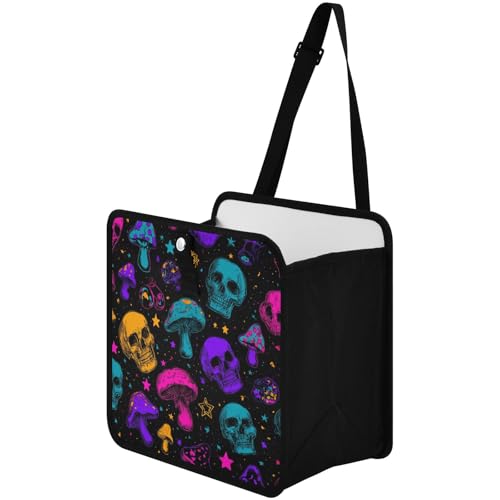Image of Car Trash Can Organizer Bin with Adjustable Strap for Back Front Seat Console Waterproof Leakproof Collapsible Portable 8.66 Inch Neon-colored Skulls Stars Mushrooms