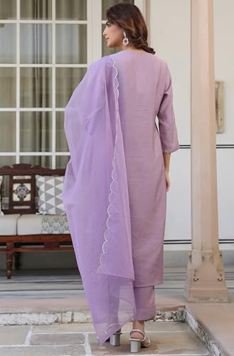 Image of Janasya Women's Lavender Chinon Embellished Kurta with Pant and Dupatta Set