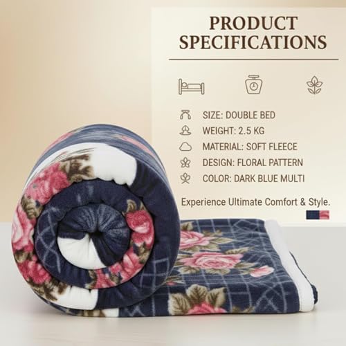 Image of Luxurious Heavyweight Microfiber Korean-Style Plush Blanket, Floral Velvet, 240x220 cm, Winter Comfort, Single Layer (Dark Blue Multicolor, Double)