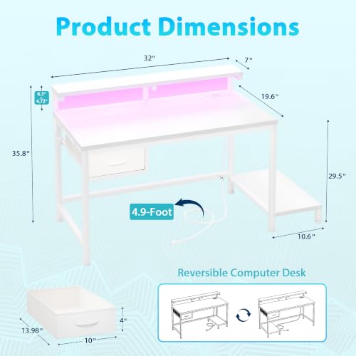 Image of DurayLoly 32 inch Computer Desk with Power Outlet & Fabric Drawer,White