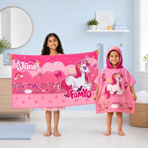 Image of Famyo Kids Hooded Poncho Towel and Microfiber Kids Bath Towels Combo for Boys & Girls | Ultra Soft Quick Dry Super Absorbent Beach, Bath & After Shower Towel | Baby Towel for Boys and Girls, Pink