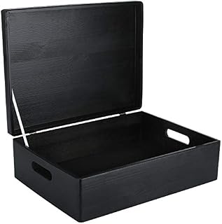 Creative Deco XL Black Wooden Storage Box | 40 x 30 x 14 cm (+/-1 cm) | with Hinged Lid & Handles | Gift Box for Tool Dog Toy Shoes Clothes Kitchen Document Storage | Wood Keepsake Memory Craft Chest
