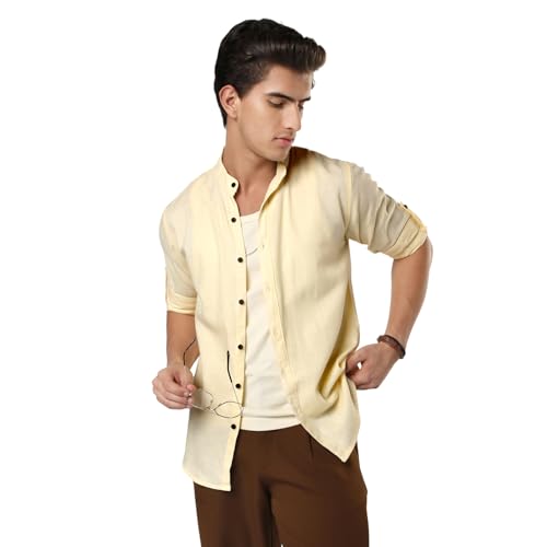 Image of Urbano Fashion Men's Linen Blend Full Sleeve Relaxed Fit Mandarin Collar Casual Solid Shirt