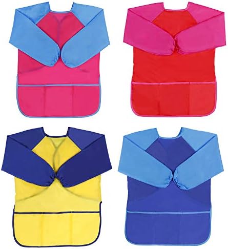 2PCS Kids Art Aprons And Hats For Age 7-12 Years Girls Boys Waterproof Graffiti Painting Aprons Long Sleeves With Pockets Kids Painting Smock Toddler Children Play Apron For Painting Craft School