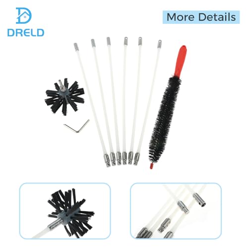 DRELD 10PCS Kaminbürsten-Kit Kaminbürste Stange Set Schornsteinbürsten-Set Kanalentlüftungs Reinigungsset mit 6 Flexible Stangen 410mm/Pro, 1 Bürstenkopf Ø100mm, 1 Lange Bürste, 2 Zubehör