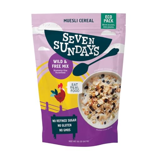Seven Sundays Wild and Free Blueberry Chia Muesli Cereal - 32 Oz Eco Pouch - Certified Gluten Free Muesli - Non GMO, No Refined Sugar and Kosher