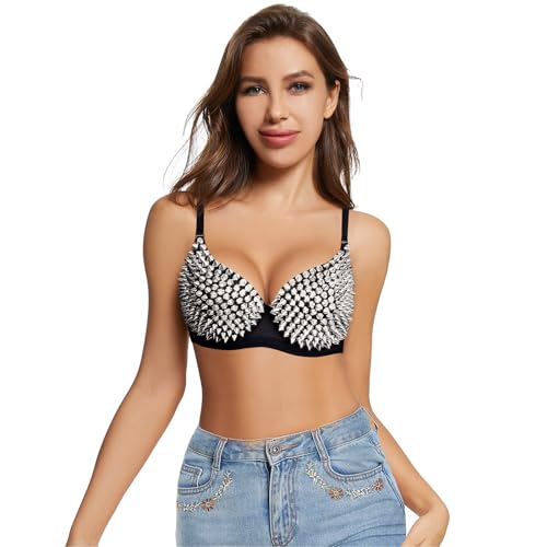 Kimring Women's Steampunk B Cup Spike Studs Rivet Party Club Rave Underwire Sport Bras Tops Silver Small - Thumbnail 2