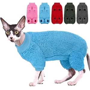 Sphynx Hairless Cat Sweater, Full Body Warm Fleece Sweaters with Sleeves for Cats, Soft Turtleneck Cat Clothes, Cozy Pullover Pajamas for Hairless Cats Devon, Donskoy & Small Dogs, Blue XL