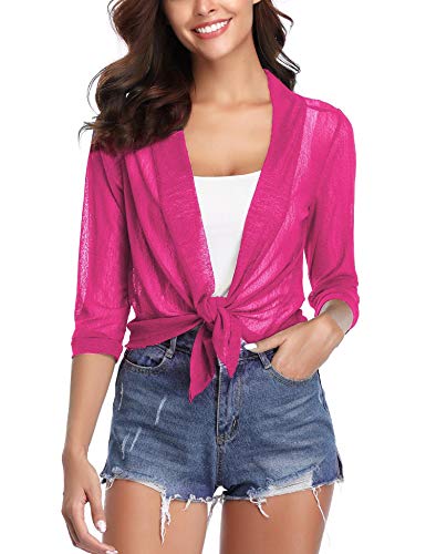 iClosam Womens Tie Front 3/4 Sleeve Sheer Shrug Cropped Bolero Cardigan Rose Red