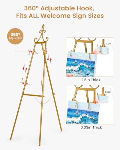 Victawks イーゼルスタンド、ディスプレイ用メタルイーゼル 18インチ x 55インチ 高さ調節可能 メタルイーゼルディスプレイスタンド、ラウンドチューブゴールド [3]