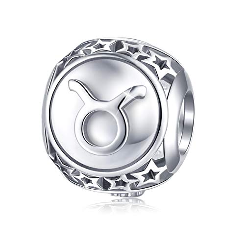 Taurus Zodiac Sign Charm fit Charms Bracelet, 925 Sterling Silver Plated Platinum Bead Charm 12 Horoscope Constellation Charm for US European Bracelet and Necklace, Birthday Gifs BJ09026