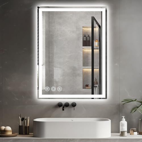 Memobarco Bathroom Mirror, 28'x 36' Vanity Mirror with Lights, LED Mirrors with Anti-Fog, Stepless 3 Colors Temperature & Dimmable, Memory Tempered Glass Bathroom Mirrors for Over Sink