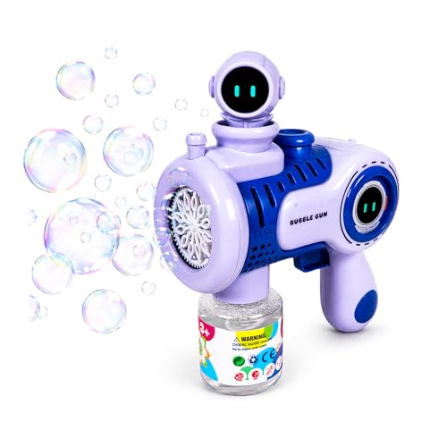 Image of WISHKEY Astronaut Theme Bubble Gun Toy for Kids, Leak-Proof Bubble Blower Machine with Colorful LED Light, Battery Operated Bubble Blaster with 360-Degree Rotating Toy Figure, (Pack of 1, Purple)