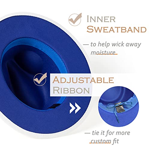 Lisianthus Women White Fedora Wide Brim Panama Hats With Color Belt Buckle (White & Royal Blue/Royal Blue Belt) #TOP4