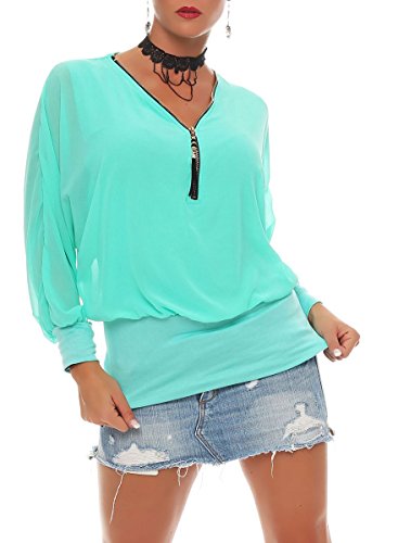 Malito Damen Bluse im Fledermaus Look | Tunika mit Zipper | Kurzarm Blusenshirt mit breitem Bund | Elegant - Shirt 6297 (türkis) Cover