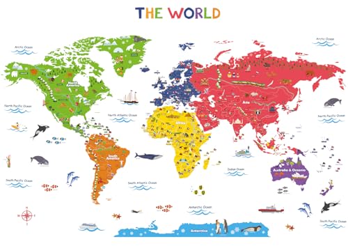 DECOWALL DLT-1616N Colourful World Map Kids Wall Decals Wall Stickers Peel and Stick Removable Wall Stickers for Kids Nursery Bedroom Living Room (XLarge)
