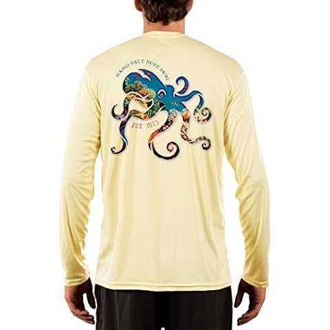 SAND.SALT.SURF.SUN. Coral Octopus Men's UPF 50+ UV Sun Protection Performance Long Sleeve T-Shirt X-Large Pale Yellow Cover