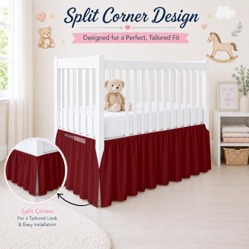 Image of Cotton Crib Bed Skirt Dust Ruffle with Split Corners, 14 inch Drop, Burgundy | Nursery Standard Crib Bedding Bed Skirt for Baby Boys and Baby Girls. Hides Under-Crib Storage for a Neat Appearance
