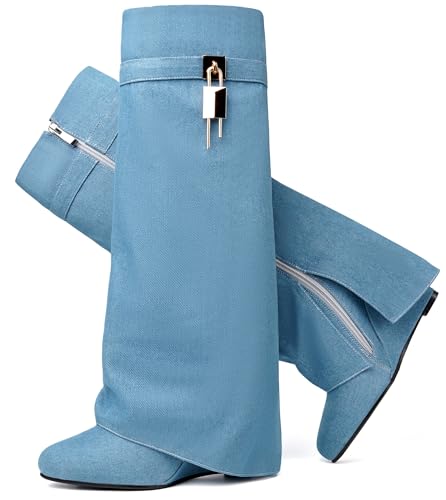 Image of Fold Over Boots for Women Pointy Pull-on Wedge Heel Knee Shark Boot With Side Zipper Padlock Design