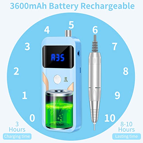 Portable Nail Drill Professional 35000 RPM, MOCOWIND Rechargeable Electric Nail File Machine E File for Acrylic Gel Polishing Removing, Cordless E-File with Bits Kit for Manicure Salon Home, Blue — view 5