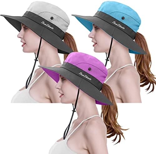 3 Pieces Womens Ponytail Wide Brim Sun Hat Packable UV Protection Beach Cap for Fishing & Hiking(Purple＆Sky Blue＆Beige)