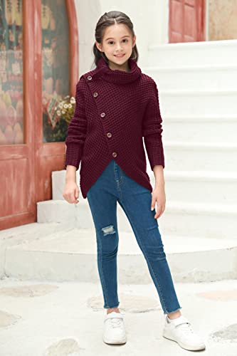 Haloumoning Girls Sweaters Button Turtle Cowl Neck Asymmetric Hem Wrap Pullover Sweaters For Girls Wine Red #TOP5