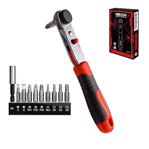 IRONCUBE Angle Ratchet Screwdriver Set: 10 Piece Magnetic Bit with 90 degree Mini Offset Low Profile Reversible Drive Handle - Stocking Stuffers with Gift Box