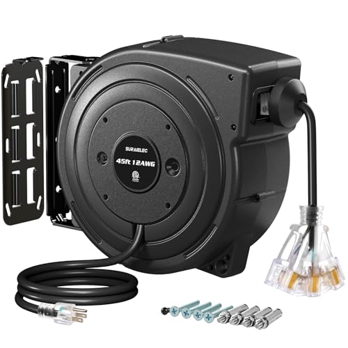 SURAIELEC 12 Gauge Extension Cord Reel, 45 FT Retractable Extension Cord, 12 AWG/3C SJTOW Heavy Duty Power Cord, 15 AMP Circuit Breaker, Lighted Triple Tap, Ceiling or Wall Mount, ETL Listed, Black