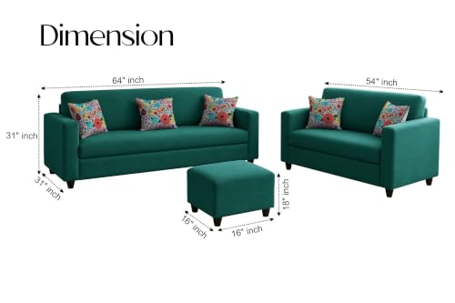 Image of Rosebell 3+2 Fabric Sofa Set with Ottoman | Premium Upholstery 5-Seater Sofa | with Printed Cushions | Living Room Furniture |Green-Color