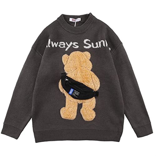 XMAIYIF (Wool) Sweater Men Vintage Bear Backpack Patch O-Neck Autumn Pullover Men Sweaters Sweater(Brown,L) - Main Image