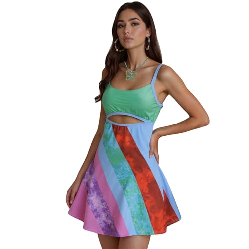 Womens Vintage Print Rainbow Sexy Sheath Dress Sleeveless Adjustable Slip Y2K Retro Bodycon with Butterfly Necklace2