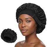 Wanmu Seidenhaube zum Schlafen Verstellbare Satin Schlafhaube Seide Atmungsaktive Silk Bonnet Haarschutz Schlafmütze Mit Breitem Elastikband für Damen und Mädchen (Schwarz)