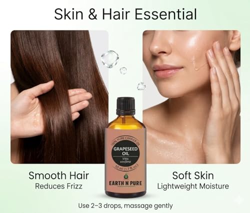 Image of Earth N Pure Grapeseed Oil | 100% Pure & Natural | Cold Pressed Carrier Oil | Lightweight & Fast-Absorbing | For Skin, Hair & Massage | 30ml