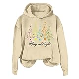 Sudadera con capucha de manga larga sin cremallera con patrón de árbol de Navidad y letras brillantes para suéter mujer estampado, beige., M, Beige., M