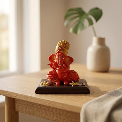 Image of eCraftIndia Orange Ganesha Statue | Lord Ganesha Idol for Home Decor Car Dashboard | Ganesh Ganpati Murti Gift for Diwali Housewarming Birthday