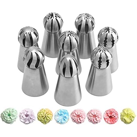 Fashionclubs Piping Tips 8pcs Icing Piping Nozzles Tips Flower Cake Cupcake Decoration Tips Stainless Steel Sphere Ball Tips Baking Supplies for Any Pastry Cover