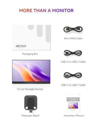 Image of UPERFCET Portable Monitor, 14 inch 1200P 125% sRGB 2000:1 Contrast 16:10 Ultra-Slim Laptop Monitor with Stand VESA USB-C Mini HDMI, Travel Second Screen for Computer, Phone, Mini PC, Game Consoles