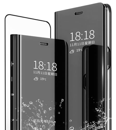 MLOTECH Funda Huawei P10 Lite,Funda Case + Cristal Templado Flip Clear View Translúcido Espejo Standing Cover Slim Fit Anti-Shock Anti-Rasguño Mirror 360°Protectora Cubierta Negro