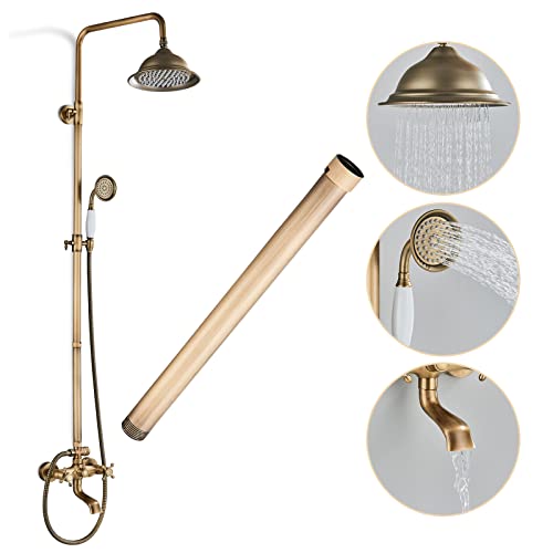 Gmusre Antique Brass Shower System Bathroom Shower Fixture 8 Inch Rainfall Shower Head Handheld Shower Waterfall Tub Spout Outdoor Shower Set with 12 Inch Extension Tube