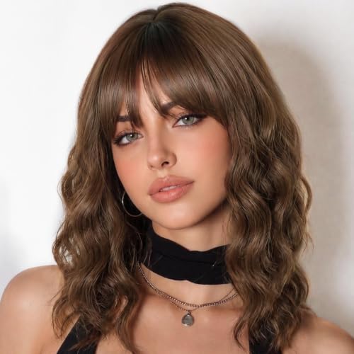 Image of AISI HAIR Bob Curly Wig with Bangs Short Wavy Wigs for Women | 14 inch, Ready to Wear, Heat Resistant Fiber Hair, Shoulder Length wig, Natural Appearance, Beginner Friendly for Daily