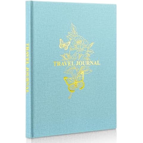 BeleePlanner Travel Journal-B5 Linen World Travel Journal, Travel Gifts for Women, Travel Notebook with Prompts, 12 Trips, Photos, Bucket List, Keepsakes, 7.6" x 10.3" - Blue Cover