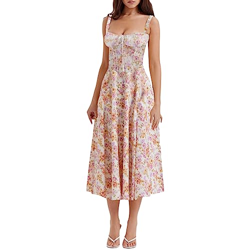 Image of Women Floral Corset Dress 2026 Boho Midi Sundress Summer Dress | Flowy A-Line Dress with Adjustable Spaghetti Straps Lace Up Back Front Slit High Waist for Vacation Wedding Guest