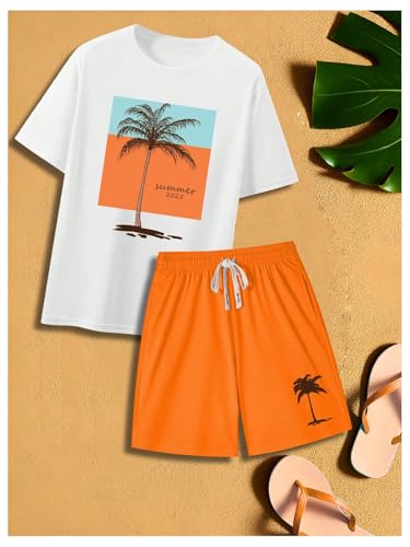 Men's Casual Outfits 2 Piece Set Short Sleeve Tropical Graphic Tees and Beach Shorts2