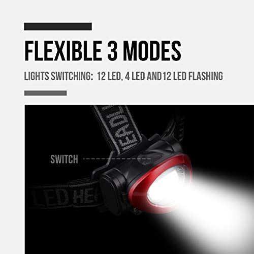 Lichamp Headlamp, 10 Pack 12 LED 3 Mode Portable Head Lamp Flashlight, Outdoor Lightweight Durable Headlight for Running, Camping, Reading, Fishing, Hunting, Walking, Jogging, Black + Red Color - Image 4