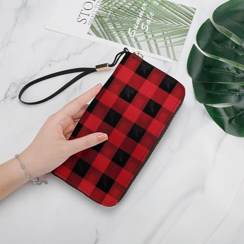 Red Black Buffalo Check Plaid Ladies' Leather Wallet With Hand Strap Slim Vertical Purse Wallets Card Case Long Zip Around Long Wallet Credit Cards Holder Phone Clutch4