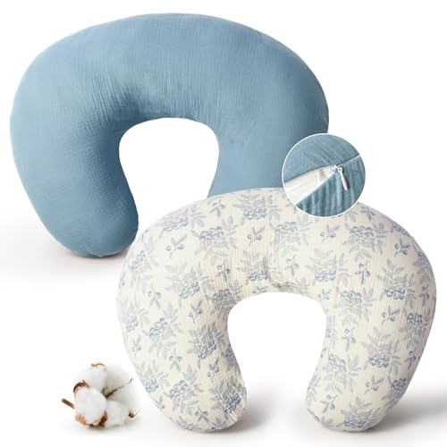 FUNUPUP Muslin Nursing Pillow Cover Compatible with Boppy Nursing Pillow, Soft Baby Nursing Covers for Breastfeeding Pillows for Boys Girls, only Cover, Blueberries & Blue