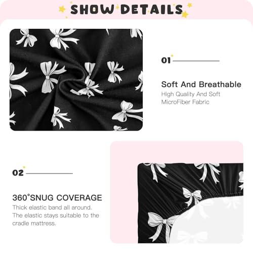 Image of Bow Black Fitted Crib Sheet for Boys Girls Baby Bed Sheets for Pack N Play Mattresses,52 X 28 in