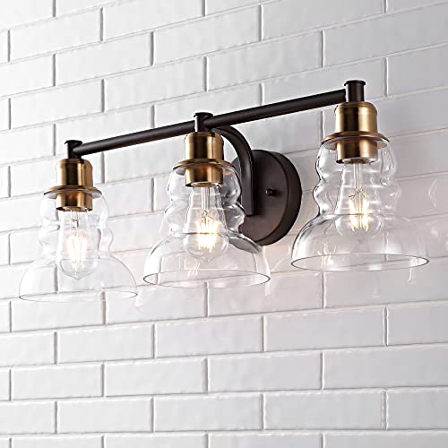 Image of JONATHAN Y 25.5 inch Brass Gold /Oil Rubbed Bronze Modern Industrial Rustic 3-Light LED Vanity Light with Clear Glass Shade, Vintage Wall Sconce for Bathroom Kitchen Hallway, LED Bulb Included (JYL3546A)
