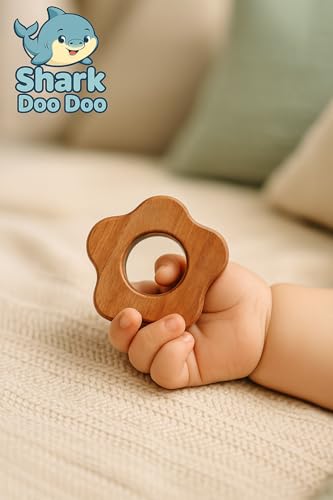 Image of Shark Doo Doo Neem Wood Baby Teether (Flower) | Organic & Handcrafted | Chemical-Free, Paint-Free, Antibacterial Teething Toy for Babies