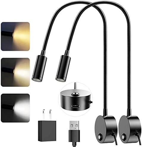 Wall Mounted LED Reading Light with 15" Flexible Gooseneck, Dimmable Book Light for Reading In Bed with USB Charging Port, Plug In Headboard Night Lights, 3 Colors Temperature, Touch Control - 2 Pack
